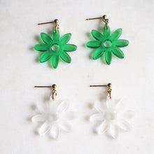 Load image into Gallery viewer, Big flower pendant earrings in grass green and 14k gold-filled or sterling silver - AYR TAN
